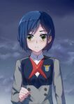  1girl bangs blue_hair blush buttons closed_mouth cloud collared_shirt commentary darling_in_the_franxx eyebrows_behind_hair green_eyes hair_ornament hairclip hand_up highres ichigo_(darling_in_the_franxx) long_sleeves looking_at_viewer military military_uniform necktie night onka_yuu red_neckwear school_uniform shirt short_hair solo tearing_up uniform upper_body white_shirt 