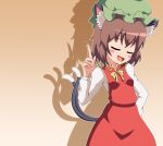  1girl absurdres animal_ear_fluff animal_ears azumanga_daioh blush bow bowtie breasts brown_background brown_hair caipirinha cat_ears cat_tail chen closed_eyes commentary_request cowboy_shot dress drop_shadow earrings fang gold_trim hat highres index_finger_raised jewelry meme mob_cap multiple_tails nekomata open_mouth outline parody red_dress seirudo short_hair single_earring small_breasts smile solo tail touhou two_tails white_outline yellow_neckwear 