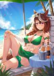  1girl absurdres animal_ears bad_id bad_pixiv_id bangs bare_shoulders beach beach_chair beach_umbrella bikini bikini_under_clothes blush bottle braid braided_ponytail breasts brown_hair carrot_juice choker cleavage collarbone cup day eyewear_removed flower green_bikini green_choker green_ribbon green_skirt hair_flower hair_ornament hand_on_own_knee highres holding holding_cup holding_eyewear horse_ears horse_girl horse_tail jewelry juice large_breasts long_hair looking_at_viewer multicolored_hair navel off_shoulder on_chair pendant plant purple_eyes ribbon shirt sitting skirt sky solo stomach streaked_hair sunglasses swimsuit symboli_rudolf_(umamusume) table tail thigh_ribbon umamusume umbrella vococo water white_flower white_hair white_shirt 