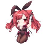  1girl ;3 absurdres animal_ears armpits arms_up azur_lane bangs bare_shoulders black_bow black_leotard blush bow breasts bunny_ears bunny_pose cat_ears chibi cleavage closed_mouth commentary_request covered_navel eyebrows_visible_through_hair fake_animal_ears full_body gloves hair_bow hair_intakes hair_ornament hairclip highres i-19_(azur_lane) i-19_(blossoming_bunny)_(azur_lane) kinomiki_(tales22) large_breasts leotard long_hair looking_at_viewer one_eye_closed pantyhose playboy_bunny playboy_bunny_leotard purple_bow red_eyes red_hair ribbon sidelocks smile solo strapless strapless_leotard thigh_strap transparent_background twintails white_gloves wrist_ribbon x_hair_ornament 