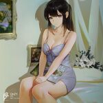  1girl artist_name bangs bare_shoulders black_hair breasts chinese_commentary chinese_text cleavage collarbone commentary_request dated dress eyebrows_visible_through_hair flower grey_dress grey_eyes hands_on_own_thighs highres indoors long_hair looking_at_viewer medium_breasts original ponytail sitting solo translated white_flower zhehewofu_huayou_shemeguanx 