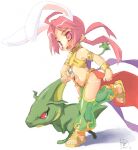  1girl ahoge amasa_mitsunaru animal_ears anklet bangs blush bunny_ears cape commentary_request dancer_(ragnarok_online) dragon eyebrows_visible_through_hair full_body green_pants halter_top halterneck harem_pants jewelry long_hair navel open_mouth panties pants petite_(ragnarok_online) pink_eyes pink_hair ragnarok_online red_cape red_eyes running sandals simple_background twintails underwear waist_cape white_background white_panties 