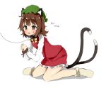  1girl :d animal_ear_fluff animal_ears antidote blush bound bound_wrists bow bowtie brown_eyes brown_hair cat_ears cat_tail chen collar dress full_body hat leaning_forward leash masochism mob_cap multiple_tails nekomata open_mouth red_dress short_hair simple_background sitting smile solo tail touhou two_tails wariza white_background yellow_neckwear 