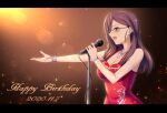  1girl bracelet breasts cleavage commentary_request dated dress glasses happy_birthday holding holding_microphone idolmaster idolmaster_cinderella_girls inou_hiroaki jewelry large_breasts letterboxed medium_breasts microphone microphone_stand music necklace open_mouth outstretched_hand purple_eyes purple_hair red_dress semi-rimless_eyewear singing sleeveless sleeveless_dress solo sparkle under-rim_eyewear upper_body yagami_makino 