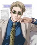  1boy absurdres background_text blue_shirt blurry brown_hair brown_jacket brown_suit closed_mouth collared_shirt commentary depth_of_field english_commentary formal glasses green-tinted_eyewear hand_up highres jacket jujutsu_kaisen lips long_sleeves looking_at_viewer male_focus nanami_kento necktie newspaper opaque_glasses partially_opaque_glasses round_eyewear shirt short_hair solo suit sunglasses thisuserisalive upper_body watch white_background wristwatch yellow_neckwear 
