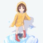  1girl :&gt; after_rain bare_legs boots brown_hair coat full_body hibino_gakio023 highres hood hood_up hooded_coat kakura_kurumi looking_at_viewer medium_hair orange_eyes outstretched_arms puddle raincoat red_footwear reflection ripples rubber_boots saki shadow simple_background solo spread_arms standing water water_drop wet wet_clothes wet_hair yellow_coat 
