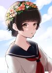  1girl bangs black_hair blunt_bangs brown_eyes cloud cloudy_sky commentary eyebrows_visible_through_hair flower hair_ornament head_wreath highres honamiuni looking_at_viewer portrait sakugawa_school_uniform school_uniform serafuku short_hair sky solo toaru_kagaku_no_railgun toaru_majutsu_no_index uiharu_kazari 