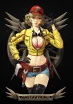  1girl absurdres baseball_cap belt black_gloves blonde_hair bra breasts character_name cidney_aurum cleavage cropped_jacket denim denim_shorts dirty dirty_face final_fantasy final_fantasy_xv gloves goggles goggles_around_neck hat highres jacket kim_sung_hwan looking_at_viewer short_hair shorts solo thighhighs underwear utility_belt wrench yellow_jacket 