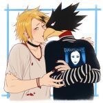  2boys alternate_costume animal_head bangs bird_boy black_choker black_hair black_shirt blonde_hair boku_no_hero_academia bracelet choker collarbone cropped_torso earrings evanescence grey_shirt highres jewelry kaminari_denki long_sleeves looking_at_viewer male_focus multicolored_hair multiple_boys nail_polish necklace open_mouth orange_eyes purple_nails red_eyes red_nails red_shirt riffraffhellyea shirt short_hair smile striped striped_shirt tokoyami_fumikage torn_clothes torn_shirt two-tone_hair yaoi 