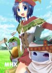  &gt;_&lt; 1girl :3 bangs blue_eyes blue_hair blue_sky blush character_request closed_mouth cloud commentary_request cowboy_shot dated day eyebrows_visible_through_hair felyne furry grass hair_between_eyes hat_feather heterochromia kanagi_tsumugi looking_at_viewer monster_hunter_(series) monster_hunter_x open_mouth outdoors red_headwear red_skirt shirt short_hair skirt sky smile white_shirt 