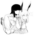  2girls animal_ears bangs blazer blush breasts bunny_ears carrying closed_mouth collar commentary_request cowboy_shot eyebrows_visible_through_hair flying_sweatdrops frilled_collar frills full_body greyscale hime_cut houraisan_kaguya jacket japanese_clothes kimono large_breasts long_hair looking_afar monochrome multiple_girls open_mouth reisen_udongein_inaba shoes simple_background sketch skirt solid_eyes spacezin touhou 