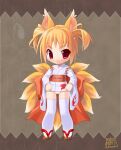  1girl amasa_mitsunaru animal_ears bangs blonde_hair blush bow brown_footwear chibi closed_mouth commentary_request eyebrows_visible_through_hair fox fox_ears fox_girl fox_print full_body geta japanese_clothes kimono kitsune large_bow looking_at_viewer maebari multiple_tails no_pants original red_bow red_eyes short_hair solo tail thighhighs twintails white_kimono white_legwear 