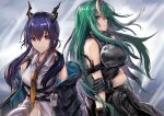  2girls arknights arm_ribbon arm_scarf bare_shoulders black_shirt blue_hair ch&#039;en_(arknights) clothes_around_waist collared_shirt dragon_horns green_hair highres holding_own_arm horns hoshiguma_(arknights) id_card jacket jacket_around_waist long_hair multiple_girls off_shoulder oni_horns red_eyes ribbon sakazuki_sudama shirt single_horn sleeveless sleeveless_shirt white_shirt yellow_eyes yellow_neckwear 