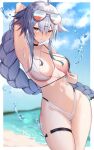  1girl absurdres ahoge arm_behind_head arm_up armpits ass_visible_through_thighs azur_lane bangs bare_shoulders beach bikini blue_sky blush border braid breasts cleavage closed_mouth collarbone commentary criss-cross_halter day eyebrows_visible_through_hair eyewear_on_head frown grey-framed_eyewear hair_between_eyes halterneck highleg highleg_bikini highres large_breasts lens_flare long_hair looking_at_viewer lows. navel ocean official_alternate_costume orange_eyes outdoors outside_border silver_hair single_braid skindentation sky solo stomach sunglasses swimsuit thigh_gap thigh_strap tosa_(azur_lane) tosa_(hometown_zest)_(azur_lane) two-tone_bikini v-shaped_eyebrows very_long_hair water water_drop white_border 