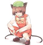  1girl animal_ears bow bowtie breasts brown_eyes brown_hair cat_ears cat_tail chen dress earrings fang full_body ginnkei gold_trim hat highres jewelry looking_at_viewer mob_cap multiple_tails nekomata open_mouth red_dress short_hair simple_background single_earring slav_squatting small_breasts solo tail touhou two_tails white_background yellow_neckwear 