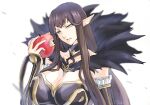  1girl apple bangs breasts dress eating fate/apocrypha fate_(series) food food_bite fruit hair_between_eyes highres holding holding_food holding_fruit hoshi_rasuku jewelry large_breasts long_hair looking_at_viewer necklace open_mouth pointy_ears semiramis_(fate) simple_background solo upper_body very_long_hair white_background yellow_eyes 