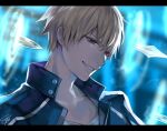  1boy bangs black_jacket blonde_hair collarbone fate/stay_night fate_(series) gilgamesh_(fate) grin jacket letterboxed magic male_focus open_clothes open_jacket red_eyes shirt signature smile solo sword tcb upper_body weapon 