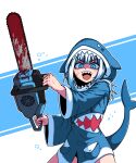  1girl :d animal_hood blood blood_on_face blue_background blue_eyes blue_hair blue_hoodie chainsaw commentary_request cowboy_shot crazy_eyes english_commentary eyebrows_visible_through_hair fish_tail formicid gawr_gura hand_up highres holding holding_chainsaw hololive hololive_english hood hood_up hoodie jaggy_line korean_commentary legs_apart long_hair long_sleeves looking_at_viewer mixed-language_commentary multicolored_hair no_pants open_mouth outline pocket shaded_face shark_hood shark_tail sharp_teeth slit_pupils smile solo streaked_hair tail teeth two-handed upper_teeth v-shaped_eyebrows virtual_youtuber white_background wide_sleeves 
