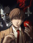  2boys :d absurdres apple bangs black_hair black_lips brown_hair brown_jacket brown_suit closed_mouth collared_shirt colored_skin commentary cross death_note food formal fruit grey_skin hands_up highres holding holding_food holding_fruit holding_pencil inverted_cross jacket lips looking_at_viewer male_focus mechanical_pencil multiple_boys necktie open_mouth pencil red_apple red_eyes red_neckwear ryuk serious sharp_teeth shinigami shirt short_hair smile suit teeth thisuserisalive upper_body white_shirt yagami_light 