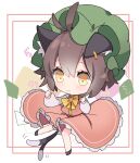  1girl :3 animal_ear_fluff animal_ears antenna_hair bow bowtie brown_hair cat_ears cat_tail chen chibi dress earrings full_body gold_trim hall_jion hat highres jewelry light_blush mob_cap multiple_tails nekomata red_dress short_hair simple_background single_earring solo tail touhou two_tails yellow_eyes yellow_neckwear 