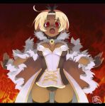  1girl amasa_mitsunaru ass_visible_through_thighs bangs black_panties blonde_hair breasts brown_cape brown_dress brown_gloves brown_legwear cape commentary_request cowboy_shot dark-skinned_female dark_skin dress eyebrows_visible_through_hair fang fingerless_gloves fire fur-trimmed_cape fur-trimmed_gloves fur_trim gloves hair_pulled_back high_wizard_(ragnarok_online) letterboxed looking_at_viewer medium_breasts open_mouth panties pointy_ears ragnarok_online red_eyes short_dress short_hair solo strapless strapless_dress thighhighs two-tone_dress underwear white_dress 
