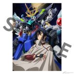  1boy artist_request black_gloves black_hair blue_hair clenched_hands cloak earth_(planet) fingerless_gloves gloves gundam gundam_build_divers gundam_build_divers_re:rise jupiter_(planet) kuga_hiroto looking_up male_focus mecha mobile_suit official_art open_hand planet re:rising_gundam sample saturn_(planet) science_fiction smile space super_robot v-fin watermark 