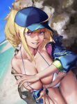  1girl artoria_pendragon_(all) beach bikini blonde_hair blue_eyes blue_jacket breasts dutch_angle fate/grand_order fate_(series) hat highres jacket large_breasts long_hair looking_at_viewer mysterious_heroine_xx_(fate) one_side_up peaked_cap pulled_by_self solo string_bikini string_pull swimsuit teeth waterswing white_bikini 