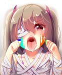  1girl absurdres bandage_over_one_eye bandaged_head bandages collarbone eyebrows_visible_through_hair eyes_visible_through_hair fangs highres light_brown_hair open_mouth original paint paint_on_face red_eyes saliva solo suzune_kou tongue tongue_out twintails upper_body 