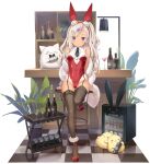  1girl animal_ears archerfish_(azur_lane) archerfish_(coquettish_bunny)_(azur_lane) azur_lane bare_shoulders bird black_legwear bottle breasts bunny_ears cat chick closed_mouth cocktail_glass cup drinking_glass fake_animal_ears feather_boa garter_straps hairband highleg highleg_leotard highres kani_biimu leg_up leotard long_hair looking_at_viewer manjuu_(azur_lane) medium_breasts meowfficer_(azur_lane) necktie off_shoulder official_alternate_costume official_art one_side_up playboy_bunny purple_eyes red_footwear red_leotard shoes short_necktie silver_hair sitting smile solo stool tan tanline thighhighs thighs transparent_background wavy_hair wing_collar 