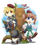  1boy 1girl beret bird blonde_hair blue_capelet blue_eyes blue_footwear blue_gloves blue_pants blush book boots brown_eyes brown_hair brown_skirt capelet chibi collared_shirt commentary_request copyright_name crossed_legs dievdirbys floral_print gloves hat hat_feather holding holding_book kanagi_tsumugi long_sleeves pants penguin red_headwear shirt sitting skirt standing statue top_hat tree_of_savior twintails white_shirt wizard_(tree_of_savior) wood 