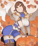  1girl absurdres acorn armor autumn_leaves breasts brown_hair detached_sleeves falling_leaves furia_(paladins) grin highres large_breasts leaf long_hair looking_at_viewer paladins pumpkin shoulder_armor smile solo splashbrush wings yellow_eyes 