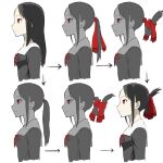  1girl alternate_hairstyle arrow_(symbol) bangs black_dress black_hair bow breasts collar commentary diagram dress folded_ponytail from_side hair_down hair_ribbon hair_up highres how_to kaguya-sama_wa_kokurasetai_~tensai-tachi_no_renai_zunousen~ light_smile long_hair multiple_views neck_ribbon parted_bangs ponytail red_bow red_eyes red_ribbon ribbon school_uniform shinomiya_kaguya shuuchiin_academy_uniform sidelocks simple_background small_breasts tying_hair white_background white_collar y.kami_nao/take 