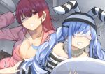  2girls animal_ears bangs bare_shoulders blue_hair blush braid breasts cleavage clenched_teeth collar collarbone commentary_request eye_mask fake_animal_ears hololive houshou_marine indoors kaname_(melaninusa09) large_breasts long_hair long_sleeves metal_collar multiple_girls open_mouth pillow pink_shirt prison_clothes red_eyes red_hair shirt sleepy striped striped_headwear striped_shirt teeth trembling usada_pekora virtual_youtuber yellow_eyes 