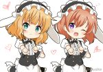  2girls ;d animal_ears apron bangs black_hairband black_skirt blonde_hair blush brown_hair bunny_ears center_frills closed_mouth commentary_request eyebrows_visible_through_hair fake_animal_ears fleur_de_lapin_uniform floppy_ears frilled_apron frilled_hairband frills gochuumon_wa_usagi_desu_ka? green_eyes hair_between_eyes hairband heart hoto_cocoa index_finger_raised kirima_sharo koi_dance matching_outfit miicha multiple_girls one_eye_closed open_mouth outstretched_arm puffy_short_sleeves puffy_sleeves purple_eyes shirt short_sleeves simple_background skirt smile twitter_username uniform waist_apron waitress white_apron white_background white_shirt wrist_cuffs 