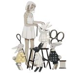  1girl animal bangs barefoot bunny child clothed_animal collar dress frilled_collar frills grey_eyes highres holding holding_needle holding_scissors looking_at_another looking_down needle on_stool original polka_dot polka_dot_shirt scissors shirt short_hair sleeveless sleeveless_dress spool standing stool striped striped_shirt tape_measure thread tono_(rt0no) unmoving_pattern white_background white_dress white_hair yellow_eyes 