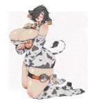  1girl abstract_background absurdres animal_ears animal_print areola_slip areolae barcode bare_shoulders bell black_hair blue_eyes blush breasts cleavage cleavage_cutout clothing_cutout collar cow_girl cow_tail cowbell dated detached_sleeves ear_tag film_grain full_body glasses hair_over_one_eye head_tilt heart high_heels highres hooves horns kneeling large_breasts leg_warmers long_sleeves looking_at_viewer medium_hair muroku_(aimichiyo0526) name_tag neck_bell open_mouth original outside_border safety_pin semi-rimless_eyewear shadow signature skindentation solo stirups tail tareme thick_eyebrows thick_thighs thigh_strap thighs under-rim_eyewear zipper_pull_tab 