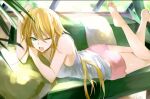  1girl bangs bare_legs bare_shoulders barefoot blonde_hair feet feet_up green_eyes hair_between_eyes highres hoshi_rasuku legs long_hair lying on_stomach one_eye_closed open_mouth original pillow plant shorts soles solo sunlight the_pose toes towel vest window 