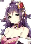  1girl ahoge animal_ears azur_lane bangs bare_shoulders breasts cleavage eyebrows_visible_through_hair flower hair_ornament houshou_(azur_lane) japanese_clothes kimono large_breasts long_hair looking_at_viewer mole mole_under_eye off_shoulder purple_hair red_eyes signature sky-freedom smile solo upper_body 