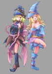  2girls bangs bare_shoulders blonde_hair blue_footwear blush_stickers boots breast_envy breasts cleavage covered_nipples dark_magician_girl duel_monster full_body gagaga_girl green_eyes grey_background hands_up hat highres large_breasts leg_up long_hair multiple_girls open_mouth red_eyes rokuta66 simple_background smile standing wizard_hat yu-gi-oh! yu-gi-oh!_duel_monsters yu-gi-oh!_zexal 