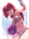  1girl absurdres ahoge bad_haro bangs bikini blush breasts can cowlick earrings eyebrows_visible_through_hair freckles fune_(fune93ojj) gundam gundam_00 hair_between_eyes highres holding holding_can jewelry looking_at_viewer medium_breasts navel nena_trinity o-ring o-ring_bikini o-ring_bottom open_mouth red_hair sideboob smile solo swimsuit tagme two_side_up wet yellow_eyes 
