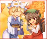  :d ^_^ animal_ear_fluff animal_ears autumn blonde_hair breasts brown_hair cat_ears cat_tail chen closed_eyes dress earrings fang food fox_ears fox_tail gold_trim hat holding holding_food jewelry kusiyan large_breasts mob_cap multiple_tails nekomata open_mouth pillow_hat red_dress red_eyes short_hair single_earring smile sweet_potato tabard tail touhou two_tails white_dress yakumo_ran 