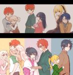  3boys 4girls age_progression ball bangs black_hair blonde_hair blue_eyes blue_hair blush brother_and_sister chloe_von_einzbern commentary_request dual_persona emiya_shirou emiya_shirou_(prisma_illya) erica_ainsworth fate/kaleid_liner_prisma_illya fate_(series) floral_print highres holding holding_another&#039;s_arm holding_ball hug hug_from_behind illyasviel_von_einzbern japanese_clothes julian_ainsworth kimono looking_at_another miyu_edelfelt multicolored_hair multiple_boys multiple_girls orange_hair ponytail red_eyes saihara scar scar_on_face siblings smile streaked_hair sweatdrop twintails white_hair yellow_eyes younger 