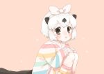 animal_ears black_hair blue_pajamas blush brown_eyes californian_sea_otter_(kemono_friends) commentary_request extra_ears eyebrows_visible_through_hair green_pajamas kemono_friends kemono_friends_3 kneeling knees_on_chest kuromitsu_(9633_kmfr) long_sleeves multicolored multicolored_clothes multicolored_hair multicolored_pajamas official_alternate_costume open_mouth otter_ears otter_girl otter_tail pajamas red_pajamas short_hair shorts socks striped striped_legwear striped_pajamas striped_shorts tail two-tone_hair white_hair yellow_pajamas 