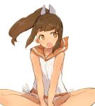  1girl alchera brown_eyes brown_hair covering covering_crotch hair_ornament hairclip i-401_(kancolle) kantai_collection no_panties orange_sailor_collar ponytail sailor_collar shirt short_ponytail side-tie_shirt sideways_glance simple_background sleeveless sleeveless_shirt solo tan tanline white_background 
