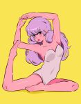 1girl arms_up barefoot breasts cleavage colored_skin eyebrows_visible_through_hair fingernails full_body highres leotard light_purple_hair lips long_hair low_twintails medium_breasts nail_polish original pink_skin pose red_eyes red_nails simple_background solo stephanie_priscilla twintails yellow_background 