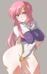  1girl blue_eyes breasts breath commentary_request contrapposto cosplay covered_nipples gloves grey_background gundam gundam_seed gundam_seed_destiny hair_ornament hairclip highres lacus_clyne large_breasts long_hair looking_at_viewer meer_campbell meer_campbell_(cosplay) multicolored_leotard pink_hair rqm55 solo standing white_gloves 