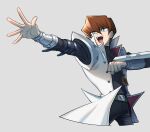  1boy :d bangs belt belt_buckle black_pants blue_eyes bright_pupils brown_hair buckle buttons clenched_hand coat commentary_request duel_disk hair_between_eyes kaiba_seto koma_yoichi male_focus open_clothes open_coat open_mouth outstretched_arm pants shirt smile solo spread_fingers white_coat white_pupils yu-gi-oh! yu-gi-oh!_duel_monsters 