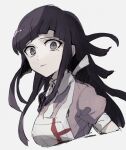  1girl apron asuna_(doruru-mon) bandages bangs black_hair blunt_bangs breasts collared_shirt commentary_request cropped_torso danganronpa_(series) danganronpa_2:_goodbye_despair from_side grey_background highres long_hair looking_at_viewer mole mole_under_eye open_mouth pink_shirt puffy_short_sleeves puffy_sleeves shirt short_sleeves simple_background solo tsumiki_mikan upper_body 