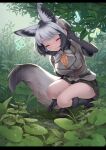  1girl animal_ear_fluff animal_ears bat-eared_fox_(kemono_friends) black_gloves blush breasts closed_eyes commentary_request extra_ears fox_ears fox_tail full_body gloves grey_hair highres kemono_friends large_breasts letterboxed light_smile multicolored_hair musical_note ne-on outdoors rain short_hair silver_hair solo squatting streaked_hair tail 