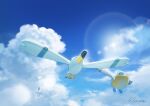  absurdres bird closed_mouth cloud commentary_request day flying from_below gen_3_pokemon hachiya_shohei highres no_humans outdoors pelipper pokemon pokemon_(creature) signature sky wingull 
